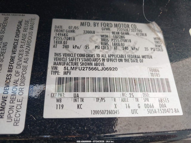 45699869 :رقم المزاد ، 5LMFU27566LJ06920 vin ، 2006 Lincoln Navigator Luxury/ultimate مزاد بيع