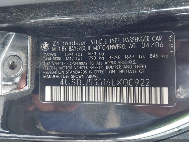 Продажа на аукционе авто 2006 Bmw Z4 3.0si, vin: 4USBU53516LX00922, номер лота: 45699879