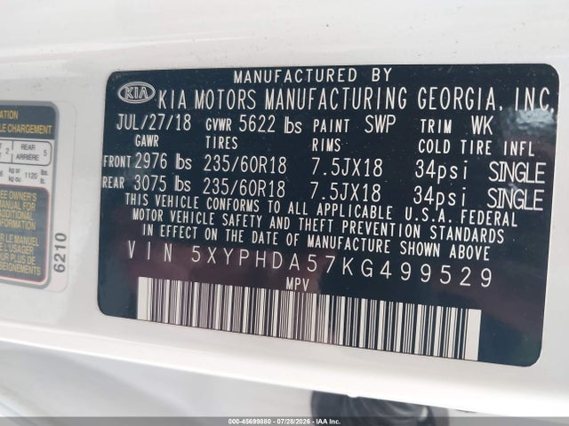 Aukcja sprzedaży 2019 Kia Sorento 3.3l Ex, vin: 5XYPHDA57KG499529, numer aukcji: 45699880