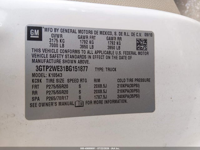 Aukcja sprzedaży 2011 Gmc Sierra 1500 Slt, vin: 3GTP2WE31BG151877, numer aukcji: 45699891