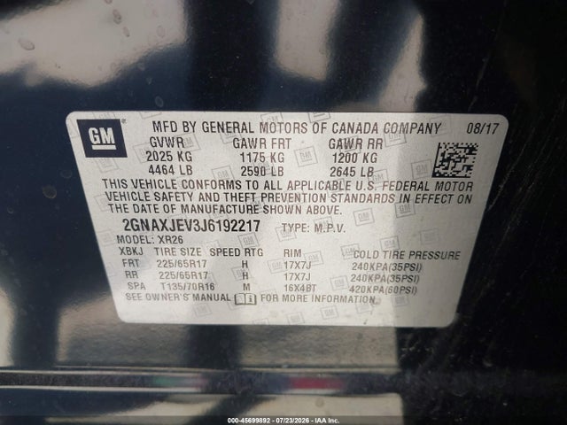 Chevrolet EQUINOX LT 2018 2GNAXJEV3J6192217 Image 9