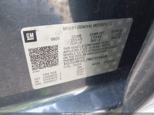 45699912 :رقم المزاد ، 1GTU9FEL7MZ104418 vin ، 2021 Gmc Sierra 1500 4wd  Short Box Denali مزاد بيع