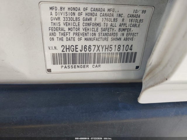 45699916 :رقم المزاد ، 2HGEJ667XYH518104 vin ، 2000 Honda Civic Lx مزاد بيع