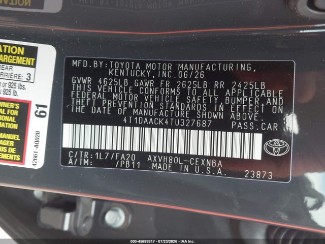 Продаж на аукціоні авто 2026 Toyota Camry Le, vin: 4T1DAACK4TU327687, номер лоту: 45699917