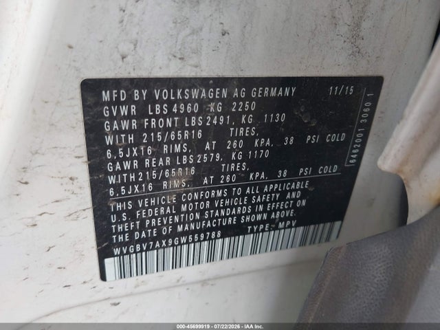 Продаж на аукціоні авто 2016 Volkswagen Tiguan S, vin: WVGBV7AX9GW559788, номер лоту: 45699919