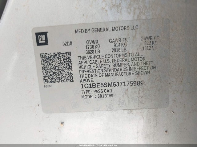 Aukcja sprzedaży 2018 Chevrolet Cruze Lt Auto, vin: 1G1BE5SM6J7175989, numer aukcji: 45699956
