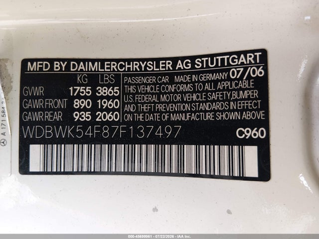 Aukcja sprzedaży 2007 Mercedes-benz Slk 280, vin: WDBWK54F87F137497, numer aukcji: 45699961