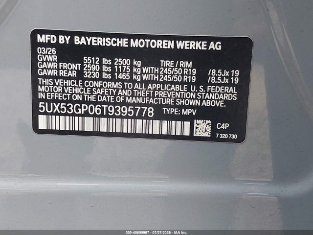 Продажа на аукционе авто 2026 Bmw X3, vin: 5UX53GP06T9395778, номер лота: 45699967