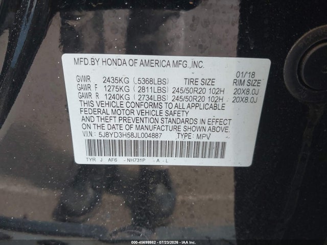 Продажа на аукционе авто 2018 Acura Mdx, vin: 5J8YD3H58JL004887, номер лота: 45699982