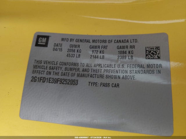 45699987 :رقم المزاد ، 2G1FD1E39F9252053 vin ، 2015 Chevrolet Camaro 1lt مزاد بيع