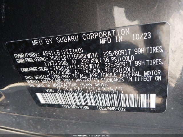 45699991 :رقم المزاد ، JF2SKAAC1RH423543 vin ، 2024 Subaru Forester مزاد بيع