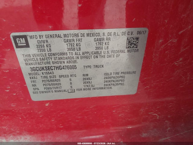 45699998 :رقم المزاد ، 3GCUKSEC7HG476005 vin ، 2017 Chevrolet Silverado 1500 Ltz مزاد بيع