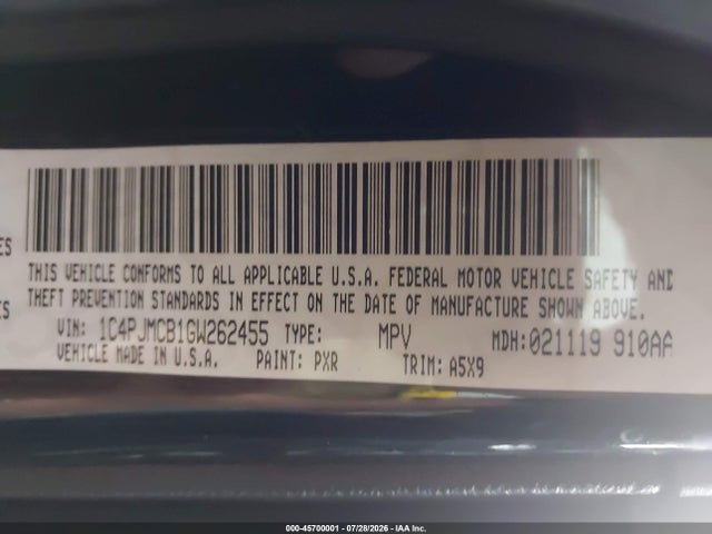 2016 Jeep Cherokee Latitude მანქანა იყიდება აუქციონზე, vin: 1C4PJMCB1GW262455, აუქციონის ნომერი: 45700001