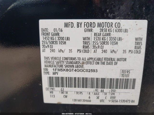 Продажа на аукционе авто 2016 Ford Explorer Sport, vin: 1FM5K8GT4GGC02593, номер лота: 45700005