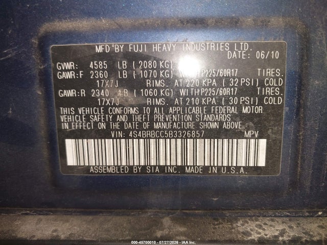 2011 Subaru Outback 2.5i Premium მანქანა იყიდება აუქციონზე, vin: 4S4BRBCC5B3326857, აუქციონის ნომერი: 45700010