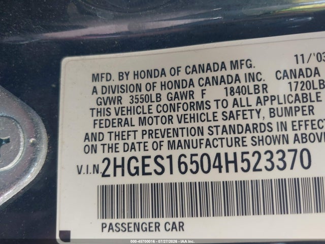 Aukcja sprzedaży 2004 Honda Civic Lx, vin: 2HGES16504H523370, numer aukcji: 45700016