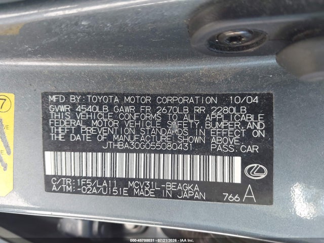 Продажа на аукционе авто 2005 Lexus Es 330, vin: JTHBA30G055080431, номер лота: 45700031