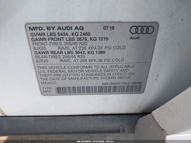 Продажа на аукционе авто 2019 Audi Q5 45 Premium, vin: WA1BNAFYXK2136165, номер лота: 45700042