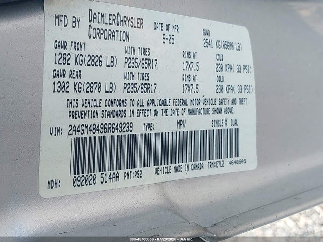 2006 Chrysler Pacifica მანქანა იყიდება აუქციონზე, vin: 2A4GM48496R649239, აუქციონის ნომერი: 45700050