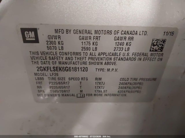 Продаж на аукціоні авто 2016 Gmc Terrain Sle-1, vin: 2GKFLSEK6G6181120, номер лоту: 45700052