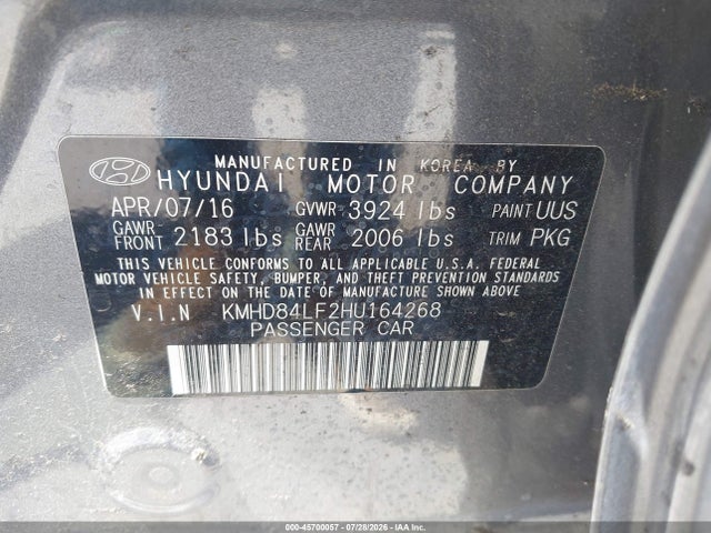 KMHD84LF2HU164268 Hyundai ELANTRA SE