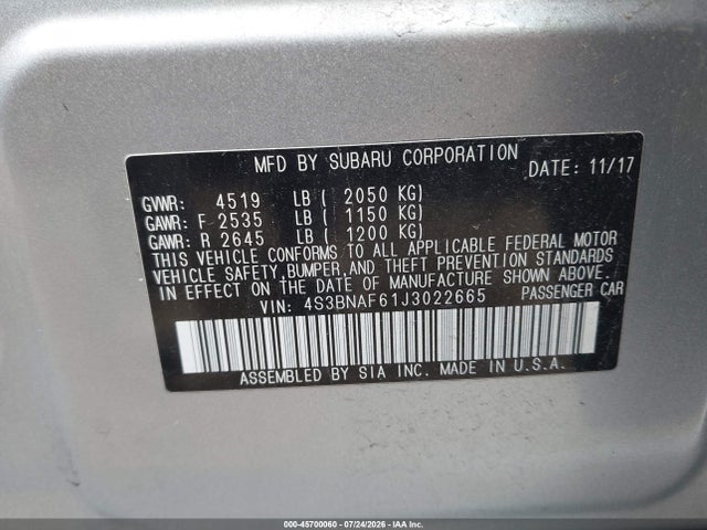 Aukcja sprzedaży 2018 Subaru Legacy 2.5i Premium, vin: 4S3BNAF61J3022665, numer aukcji: 45700060