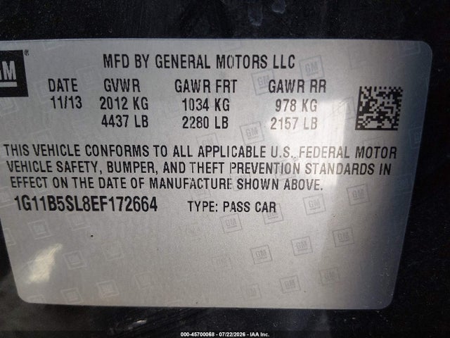 Aukcja sprzedaży 2014 Chevrolet Malibu 1ls, vin: 1G11B5SL8EF172664, numer aukcji: 45700068