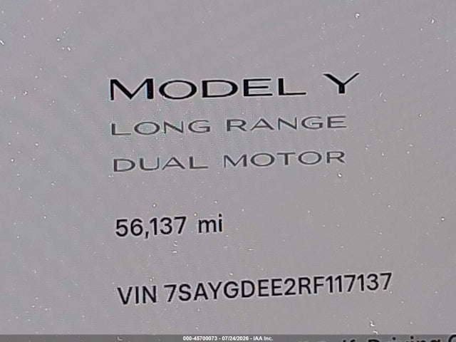 2024 Tesla Model Y Long Range Dual Motor All-wheel Drive მანქანა იყიდება აუქციონზე, vin: 7SAYGDEE2RF117137, აუქციონის ნომერი: 45700073