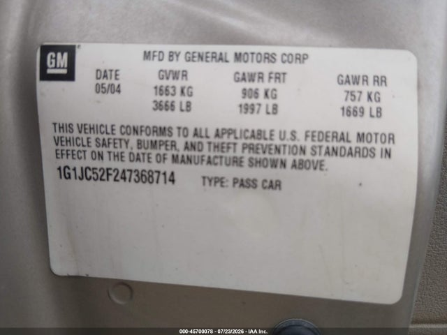 45700078 :رقم المزاد ، 1G1JC52F247368714 vin ، 2004 Chevrolet Cavalier مزاد بيع