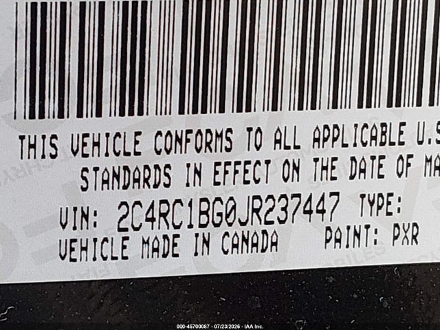 45700087 :رقم المزاد ، 2C4RC1BG0JR237447 vin ، 2018 Chrysler Pacifica Touring L مزاد بيع