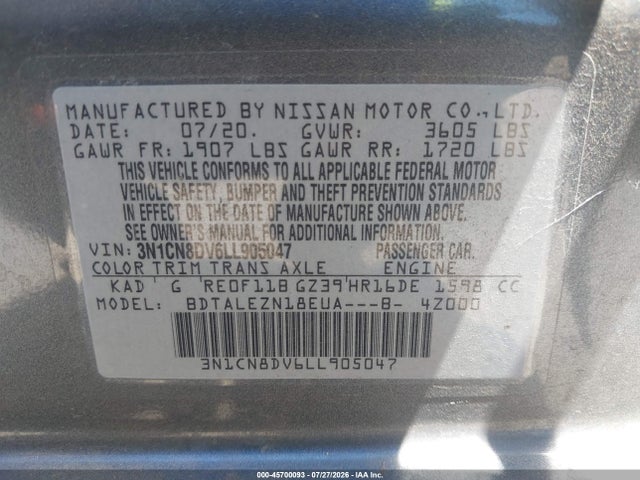 Aukcja sprzedaży 2020 Nissan Versa S Xtronic Cvt, vin: 3N1CN8DV6LL905047, numer aukcji: 45700093