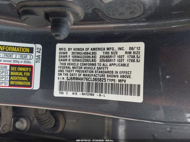 Продажа на аукционе авто 2012 Honda Cr-v Ex-l, vin: 5J6RM4H76CL065825, номер лота: 45700122