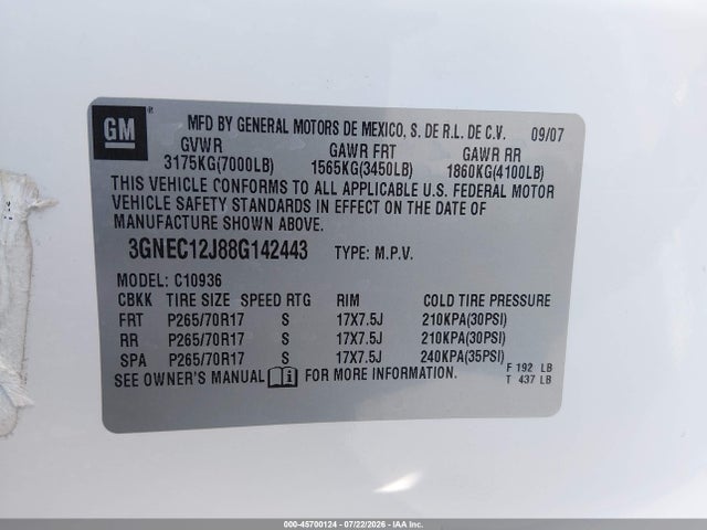 Aukcja sprzedaży 2008 Chevrolet Avalanche 1500 Ls, vin: 3GNEC12J88G142443, numer aukcji: 45700124