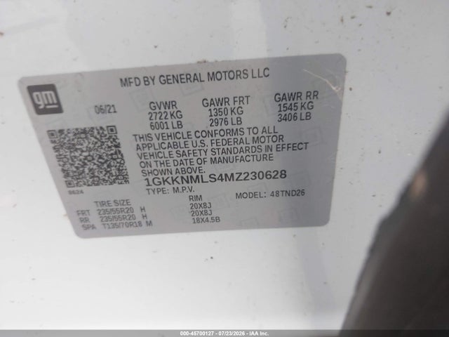 45700127 :رقم المزاد ، 1GKKNMLS4MZ230628 vin ، 2021 Gmc Acadia Fwd Slt مزاد بيع