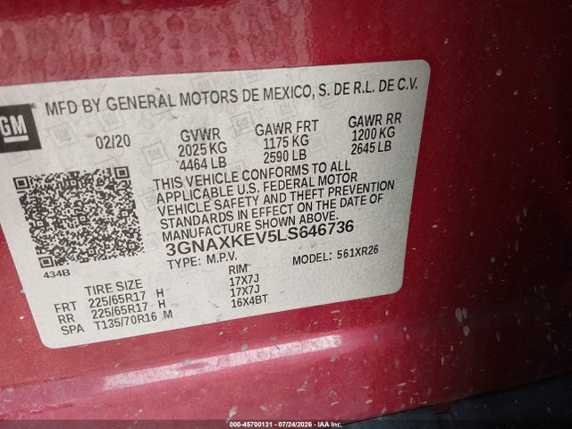 Aukcja sprzedaży 2020 Chevrolet Equinox Fwd Lt 1.5l Turbo, vin: 3GNAXKEV5LS646736, numer aukcji: 45700131