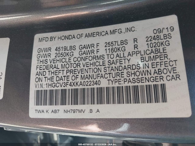 2019 Honda Accord Hybrid Ex მანქანა იყიდება აუქციონზე, vin: 1HGCV3F4XKA022340, აუქციონის ნომერი: 45700132