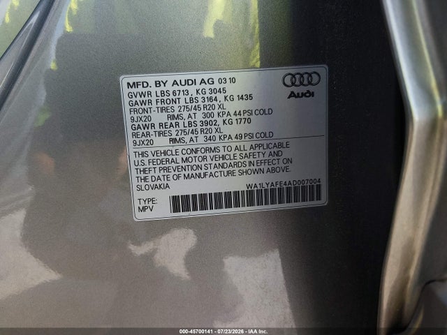Aukcja sprzedaży 2010 Audi Q7 3.6 Premium, vin: WA1LYAFE4AD007004, numer aukcji: 45700141