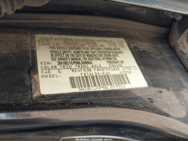 45700151 :رقم المزاد ، 3N1BC1CP9BL359953 vin ، 2011 Nissan Versa 1.8s مزاد بيع