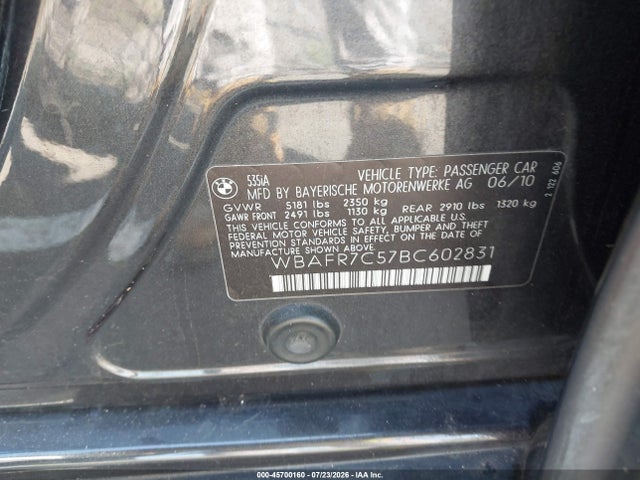 Продажа на аукционе авто 2011 Bmw 535i, vin: WBAFR7C57BC602831, номер лота: 45700160