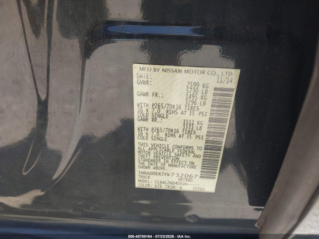 Продаж на аукціоні авто 2015 Nissan Frontier Sv, vin: 1N6AD0ER7FN732067, номер лоту: 45700164