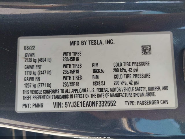 Tesla Model 3 Rear-wheel Drive 2022 5YJ3E1EA0NF332552 Image 9