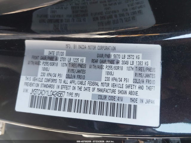 Aukcja sprzedaży 2020 Mazda Cx-9 Touring, vin: JM3TCACY1L0424567, numer aukcji: 45700209