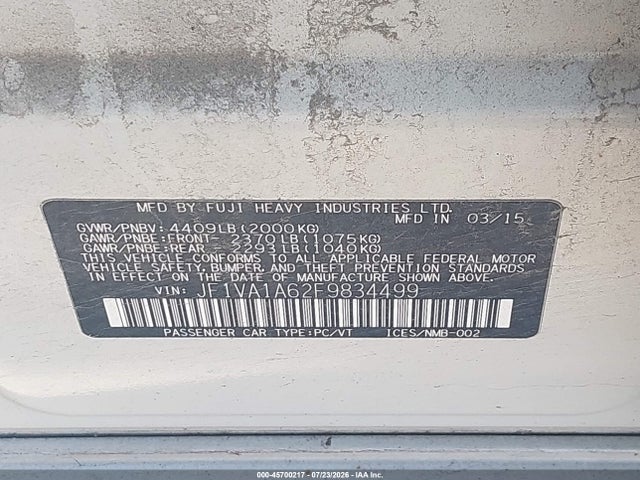 Продажа на аукционе авто 2015 Subaru Wrx, vin: JF1VA1A62F9834499, номер лота: 45700217