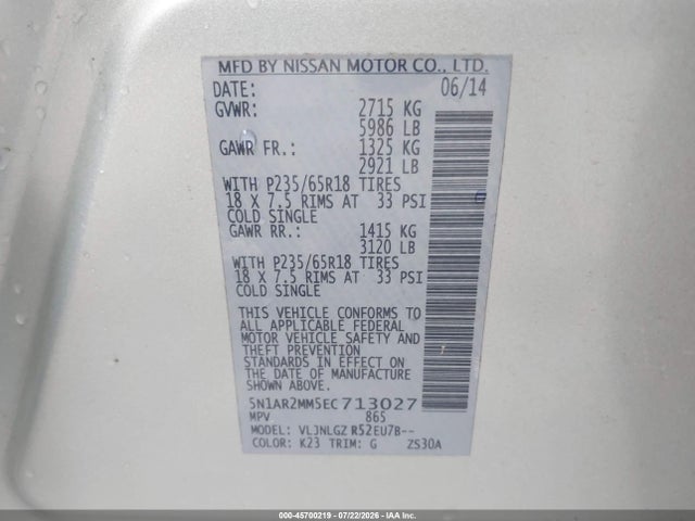 45700219 :رقم المزاد ، 5N1AR2MM5EC713027 vin ، 2014 Nissan Pathfinder Sl مزاد بيع