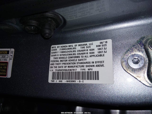 45700226 :رقم المزاد ، 7FARW2H50JE067917 vin ، 2018 Honda Cr-v Ex مزاد بيع