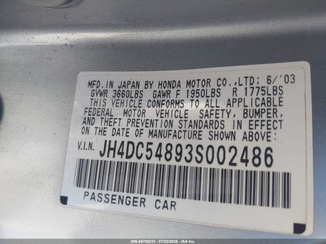 45700232 :رقم المزاد ، JH4DC54893S002486 vin ، 2003 Acura Rsx مزاد بيع