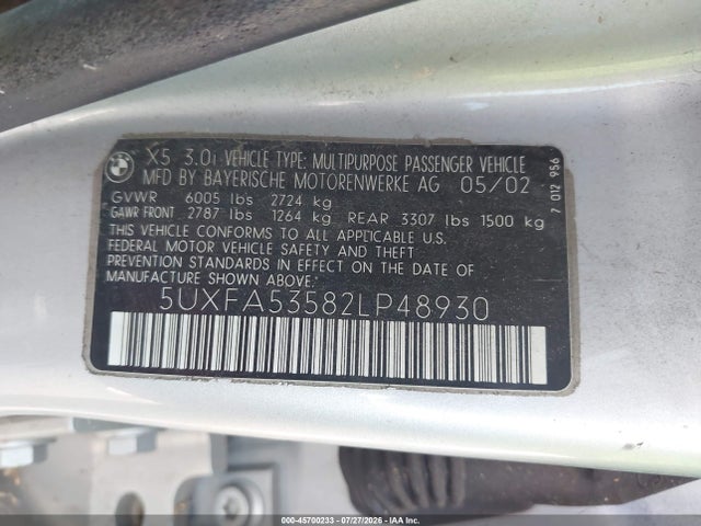 Aukcja sprzedaży 2002 Bmw X5 3.0i, vin: 5UXFA53582LP48930, numer aukcji: 45700233