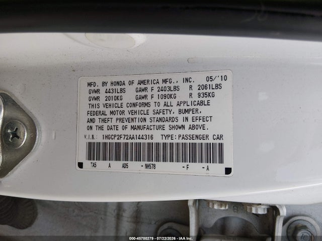 Aukcja sprzedaży 2010 Honda Accord 2.4 Ex, vin: 1HGCP2F72AA144316, numer aukcji: 45700279