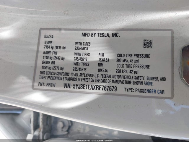 Aukcja sprzedaży 2024 Tesla Model 3 Long Range Dual Motor All-wheel Drive/rear-wheel Drive, vin: 5YJ3E1EAXRF767679, numer aukcji: 45700300