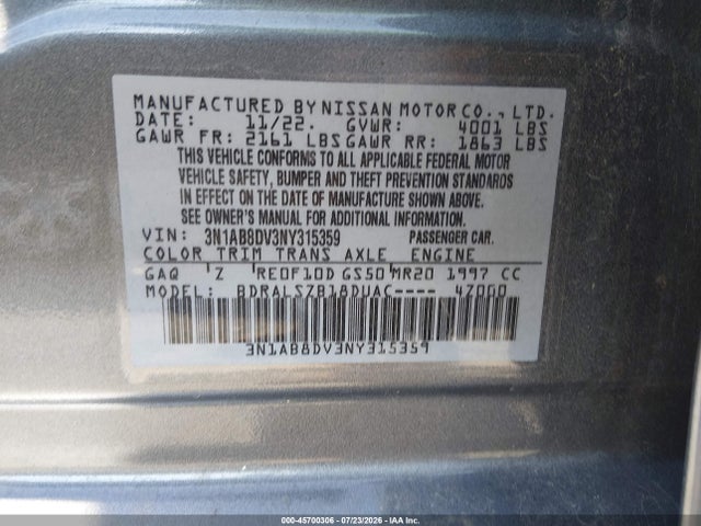 2022 Nissan Sentra Sr Xtronic Cvt მანქანა იყიდება აუქციონზე, vin: 3N1AB8DV3NY315359, აუქციონის ნომერი: 45700306